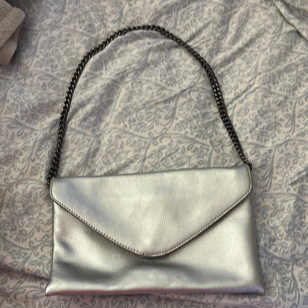 J. Crew Metallic Silver Clutch with Chain Strap - perfect!
